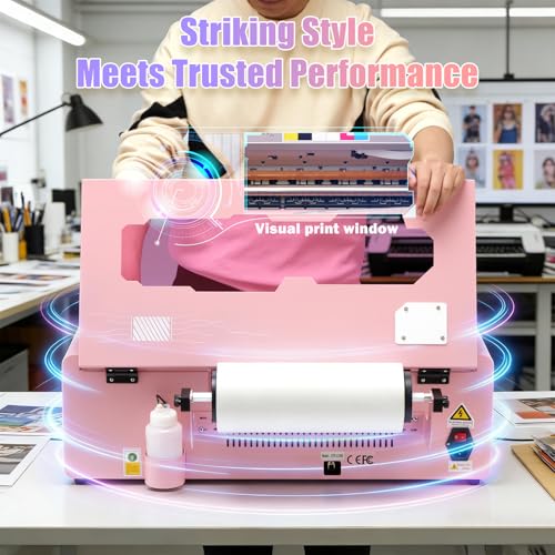 Image of FAFAIR A3 L1800 DTF Printer with 6 Smart Upgrades, DTF Printing Machine with White Ink Mixing System & Auto Clean, High Speed Production DTF Printer Bundles for Apparel Shoes Hats, (L1800+Oven, Pink)