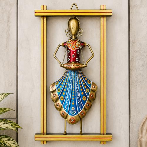 Image of iHandikart Handmade Metal Wall Art| Traditional Rajasthani Lady Wall Hanging Decor | Hand-Painted Iron Wall Sculpture with Stone Work | Home Decor for Living Room & Bedroom Office | 13 x 7 Inch