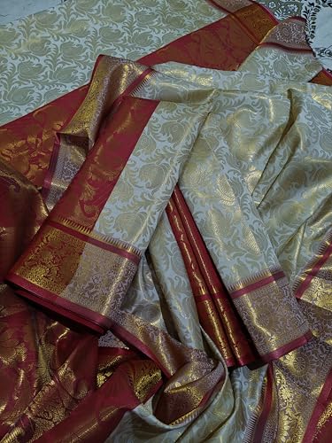 Image of NEW COLLECTION White Red Gold Border Bengali Saree for Women Traditional Kanjivaram Art Soft Silk Garad Durga Puja New Saree Trendy Banarasi Style Red Border Golden Zari Floral Red Blouse