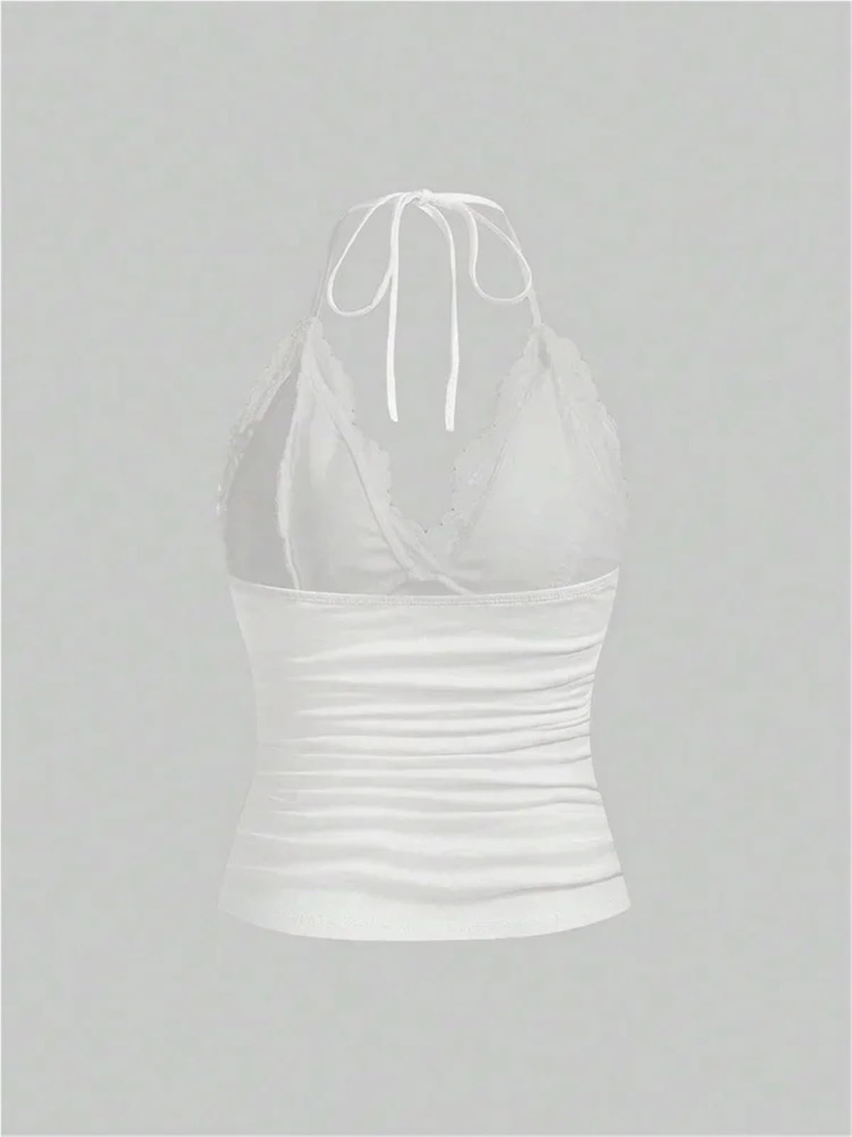 Top Halter Mujer Top sin Espalda de Encaje Negro con Cuello Halter for Mujer, Ropa Calle Mangas Fruncida Lisa, Y2K