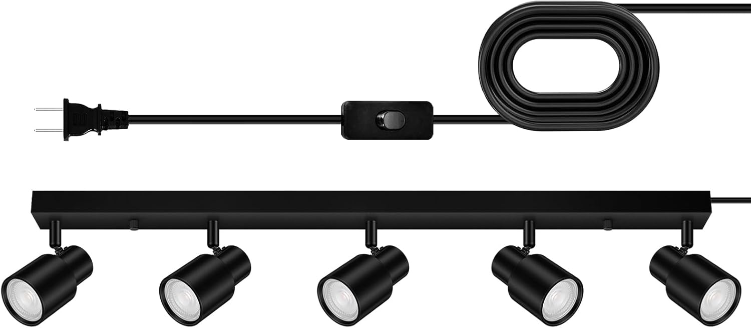 Plug in Track Lighting, 30\" LED Track Light Fixtures Ceiling, Black 5 Way Ceiling Lights for Kitchen, 15FT Cord, Rotatable Track Head, Rocker Switch, Plug Spotlight for Bedroom Hallway(GU10, NO Bulb) -not tested