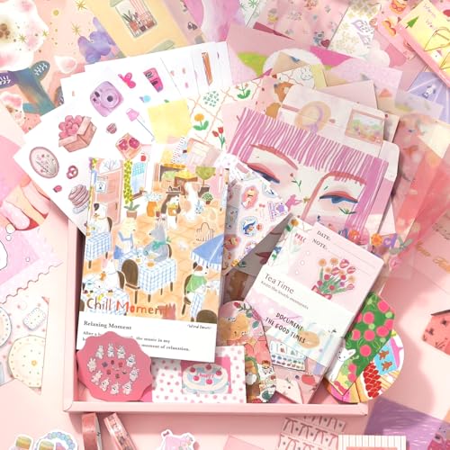 Image of WEMOL Vintage Journal Scrapbook Pack Kit for Art Journaling Bullet, Planners DIY Paper Stickers, Craft Kits Notebook, Collage Album Aesthetic Sticker (Pink)