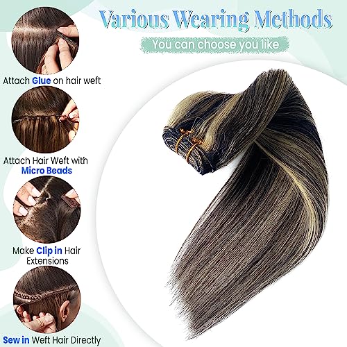 Image of Weft Hair Extensions Human Hair, 16 Inch 100G Sew in Hair Extensions Real Human Hair Wefts Natural Black and Blonde Highlights Hair Extension Real Human Hair Weave Bundles for Women