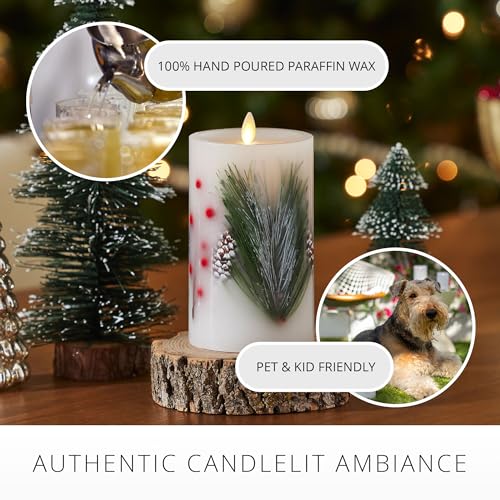 Image of Luminara Flameless LED Candle Pine Berries Pinecone Embedded Real Wax Moving Flame Pillar Unscented with Recessed Edge, Remote Ready, Timer (3.5 x 6.5 inch)