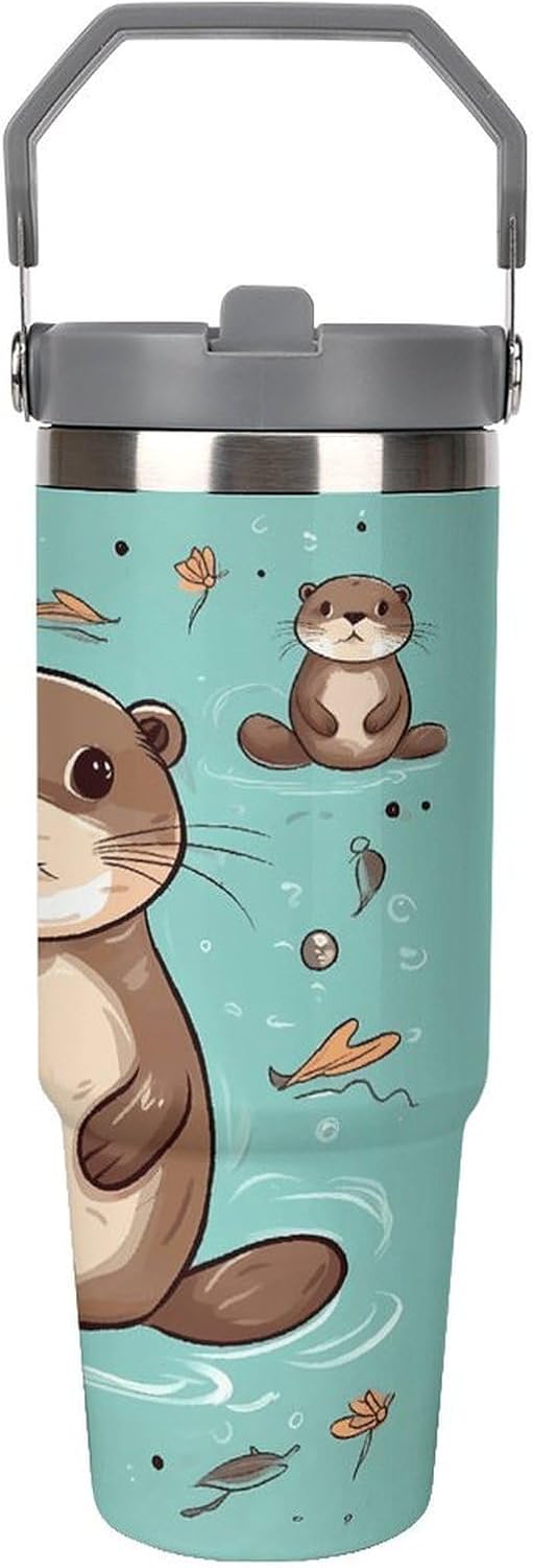 Cartoon Cute Otter Water Bottle 30 Oz Fits Car Cup Holder,Insulated Coffee Mug Large Capacity Car Cups,Stainless Steel Double Wall Sport Bottle for Travel Sports Gym