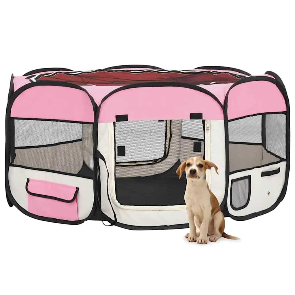 Welpenlaufstall faltbar für Hunde und Kleintiere, mobiler Tierlaufstall mit Tragetasche, Welpengitter Freigehege für drinnen und Reisen, Rosa und Creme, 145x145x61 cm