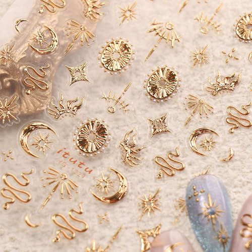 JMEOWIO Naklejki na paznokcie 3D złoty księżyc gwiazda wąż Nail Art Sticker samoprzylepna naklejka na paznokcie 5D stereoskopowa dekoracja akcesoria do stylizacji paznokci 1 arkusz