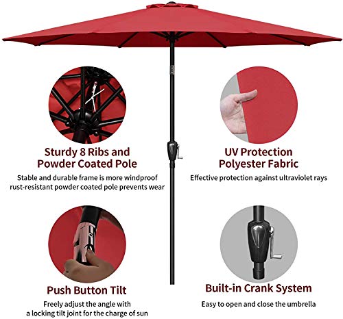 Simple Deluxe LGBRLA9REDBASER 9ft Market Table Patio Umbrella with Button Tilt, 8 Sturdy Ribs, 20