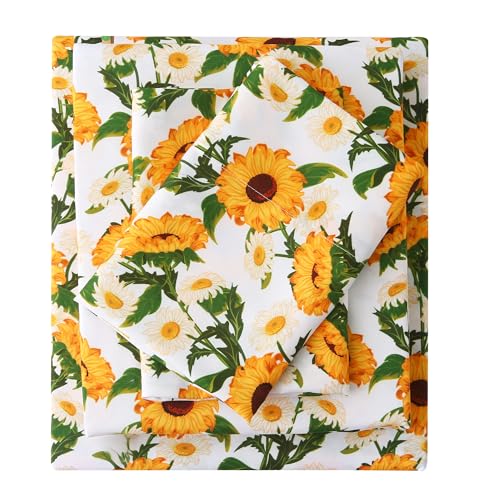 Image of Mooreeke Cozy Vintage Microfiber Printed Floral Full Sheet Set - Soft & Breathable Yellow Sunflower Bed Sheets with Extra Deep Pocket - Non-Slip Fitted Design - Sunflower Pattern - Full