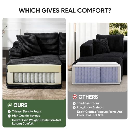 Image of Boneless Couch, 127 inch Sofas for Living Room, U Shaped Couch with Chaise | Cloud Couch Sectional with Cup Holders and Storage, Cloud Sofa with Deep Seat, Black, Corduroy, No Assembly