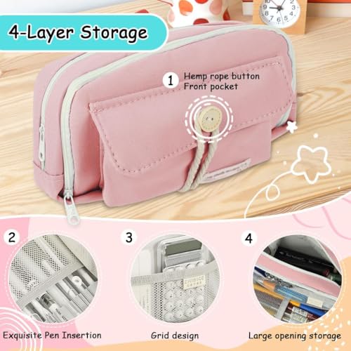 Image of Canvas School Bag Pencil Case, 3 Layer 6 Compartment Large Capacity, Aesthetic Pencil Pouch for Stationary, Cute Stationery for Kids, Pencil Case for Girls & Boys (Our Timer Pink)