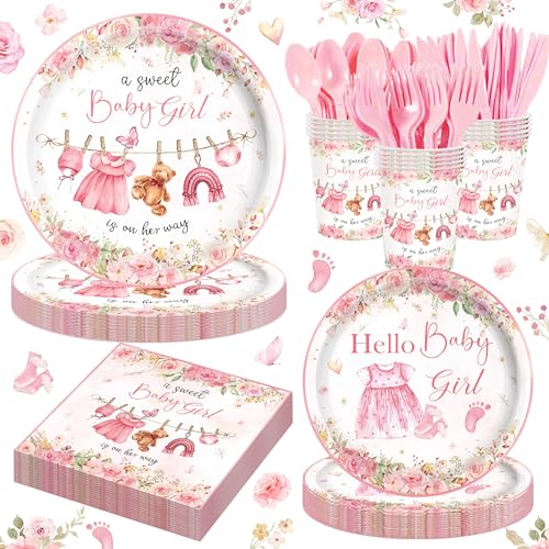 140PCS Pink Baby Shower Decorations Girls Baby Shower Party Supplies Disposable Plates Napkins Spoons Cups Tableware Set Serve 20 Guests
