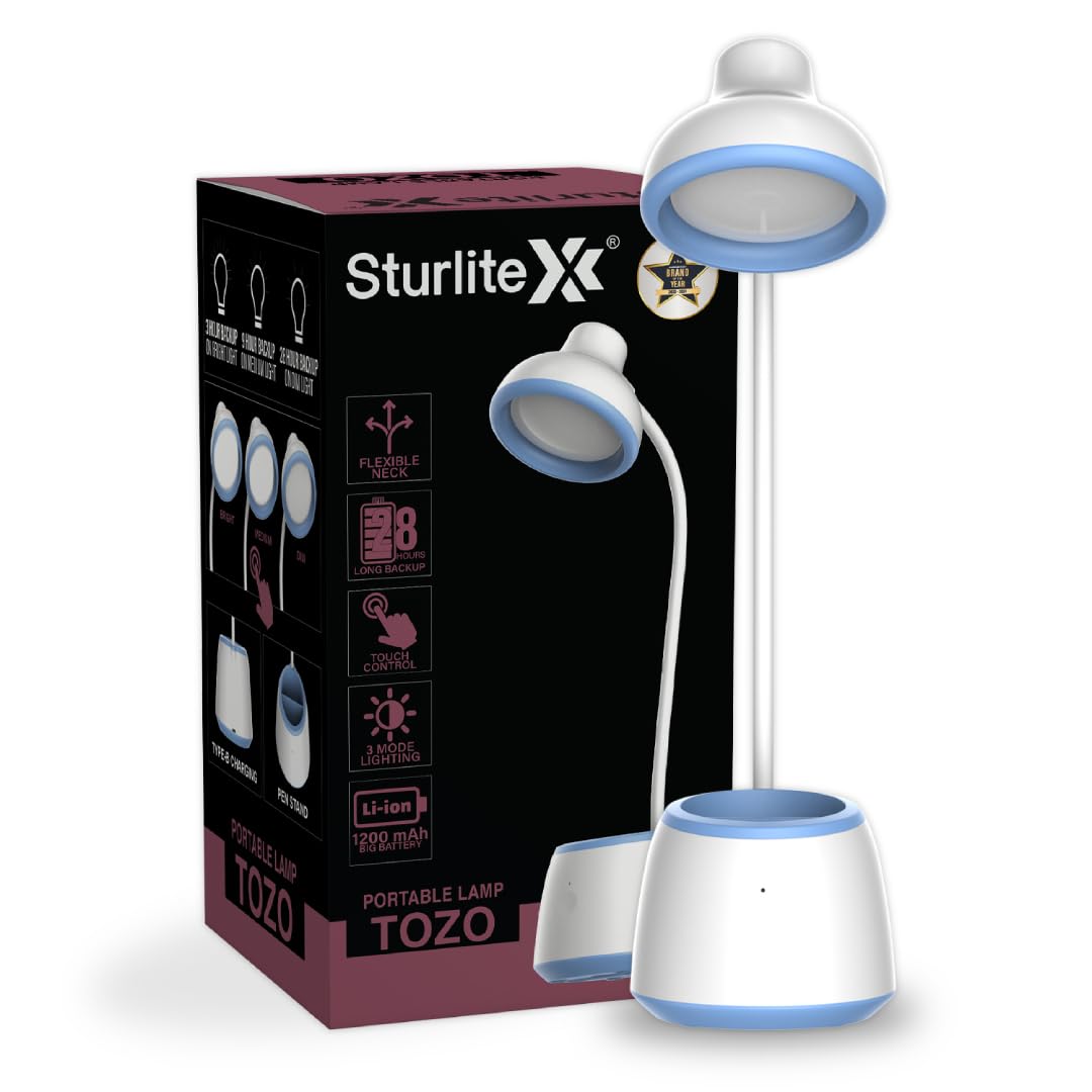Sturlite Tozo 6W Rechargeable LED Table Lamp| (3 in 1) Dimmable Light| (4-6) Hrs Charging Time & (3-28) Hrs Li-ion Battery Backup Desk Lamp| Included ...