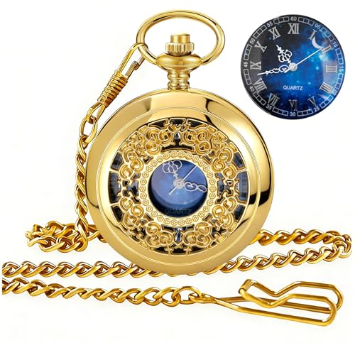 Tiong Luxury Gold Pocket Watch Hollow Blue Star Roman Numerals