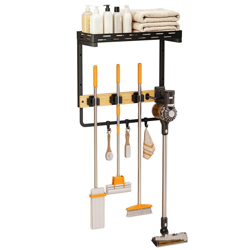 Aundhegrtt Balcony& Patio Home Wall-Mounted Broom Holder- Mop Clip for Cleaning Tool Storage- Hanging Organizer Rack