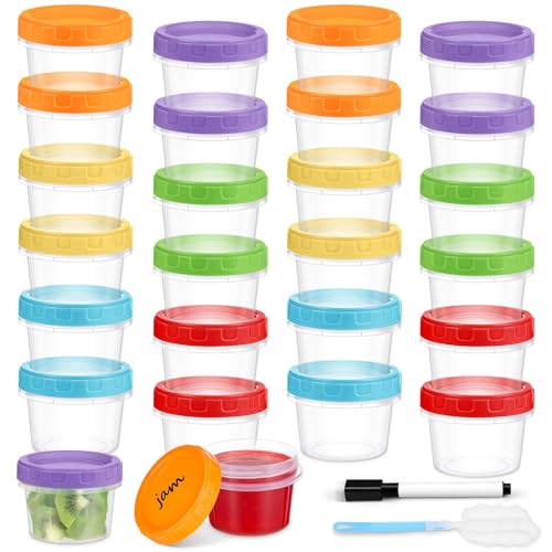 Yomarket 4 oz Small Plastic Containers with Lids, 24 Pack Stackable Small Freezer Container, Reusable 1/2 Cup Food Containers for Snack Puree Fruit, with Pen and Brush, Microwave & Dishwasher Safe