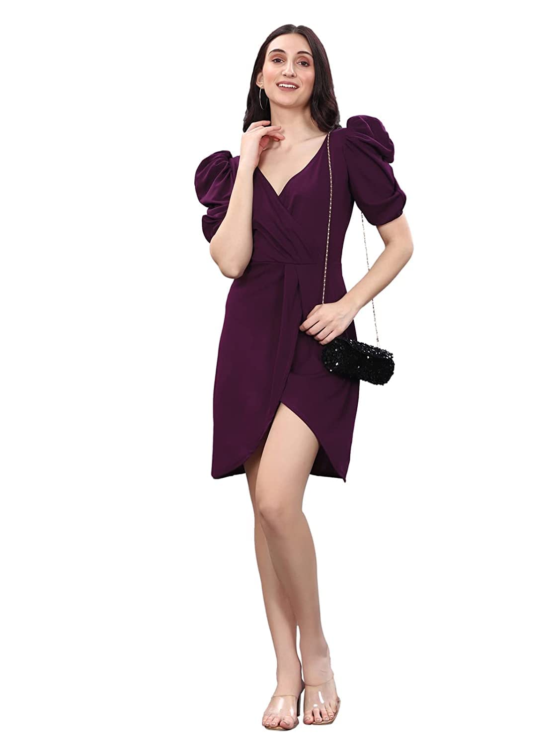 Vogue TantraWomen's Puff Sleeve V-Neck Bodycon Casual Mini Dress