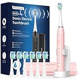Brosse À Dent Électrique Sonique pour Dents Sensibles - Brosse À Dents Adultes avec 6 Têtes de Brosse, Étui, 5 Modes et Minuterie, Une Charge Utilisation 45 Jours, Brosse À Dents Rose Cerise, U17