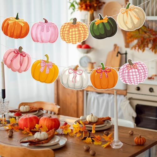 Image of Bow Pumpkin Banner Fall Thanksgiving Pumpkin Party Banner Garland Sign | Orange Pink Fall Autumn Birthday Party Thanksgiving Home Fireplace Mantel Decor