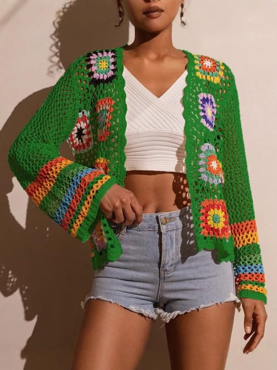Cardigan Élégant Femme Cardigan en Crochet Fleuri pour Femme Fait À La Main Tricoté Ajouré Style Bohème Motif Floral Carré Manteaux Légers Manches Évasées Hauts Cache-Épaules