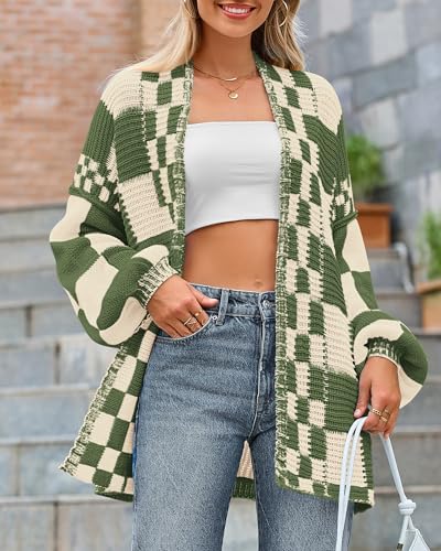 Image of BTFBM Casual Cardigan Sweater for Women Fall 2026 Long Sleeve Open Front Chunky Knit Sweaters Checkered Outwear Coat