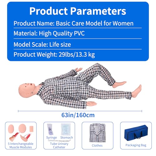 Image of Medical Mannequin for Training, Male-Female Patient Care Medical Manikin Highly Simulated CPR Human Manikins with 3 Muscle Module & Patient Gown & Urinary for Teaching Pratice