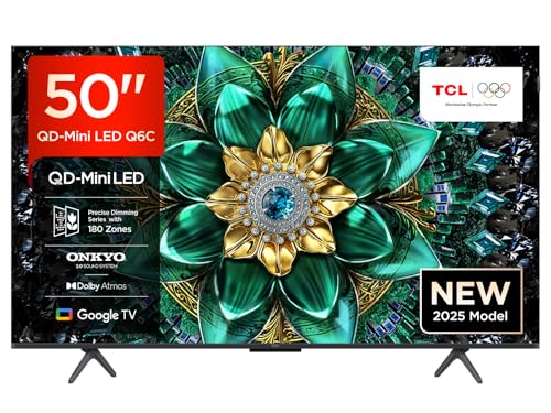 TCL 50Q6C 50' QD-Mini LED SMART TV, 4K HDR Premium 1000nits, with Google TV Technology (Dolby Vision IQ & Atmos, Onkyo 2.1 Sound System, Motion Clarity Pro 144Hz, Game Master)