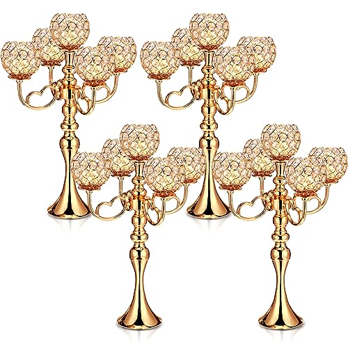 Tioncy 4 Pcs 5 Arm Crystal Candelabra Centerpieces for Tables 21.5 Inch Tall Crystal Candle Holders Bowl for Home Wedding Dinner Anniversary Party Events Table Decoration (Gold)