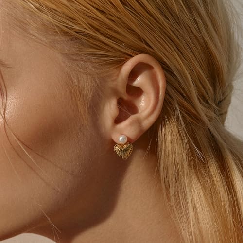 Heart Earrings for Women, 18K Gold Plated Sterling Silver Posts Heart Drop Earrings Vintage Fashion Tiny Gold Pearl Earrings, Trendy Lightweight Love Drop Dangle Stud Earrings Jewelry Gifts4