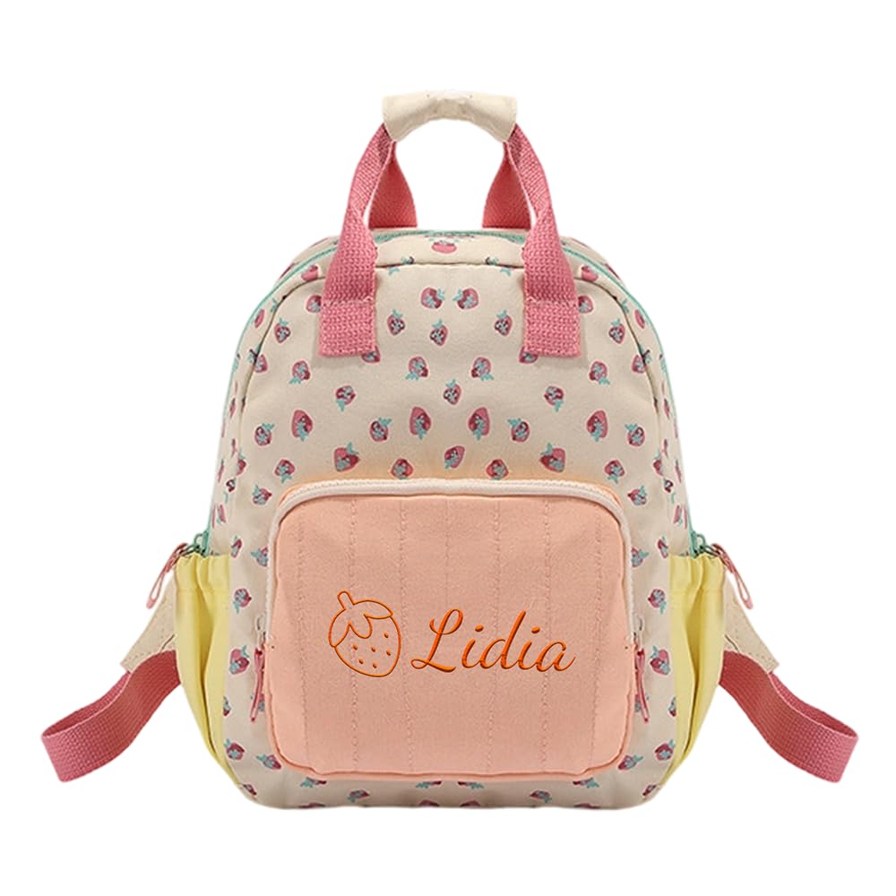 Generico Zainetto Bambina Personalizzato con Nome Ricamato, Mini Zaino Bambina 23x28cm, Zaino Personalizzato a Design Fragola per Bambine 2-5 Anni