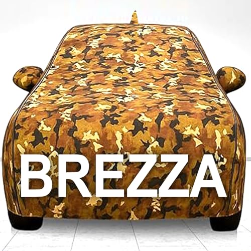 Image of 100% Waterproof Car Cover for Brezza UV Protection, Dustproof, Windproof | Custom Fit with Mirror Pockets, Belt & Buckle | All Weather Outdoor Body Cover (Jungle, Brezza)