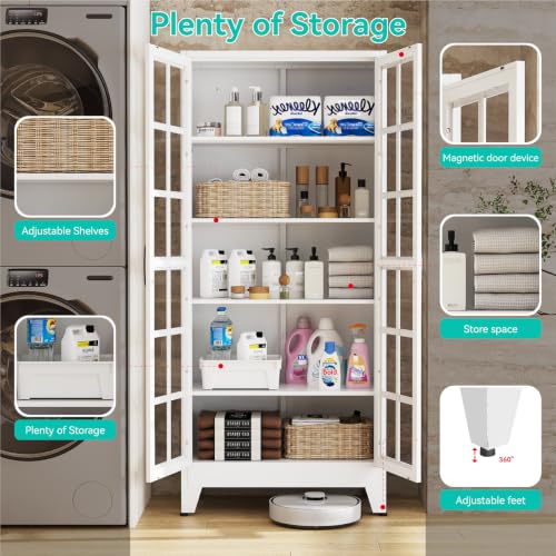 Image of Metal Storage Cabinet with Glass Doors and Adjustable Shelves | 71 inch Tall Pantry Cabinet for Kitchen Dining Room Bathroom Garage,White,1 Pce