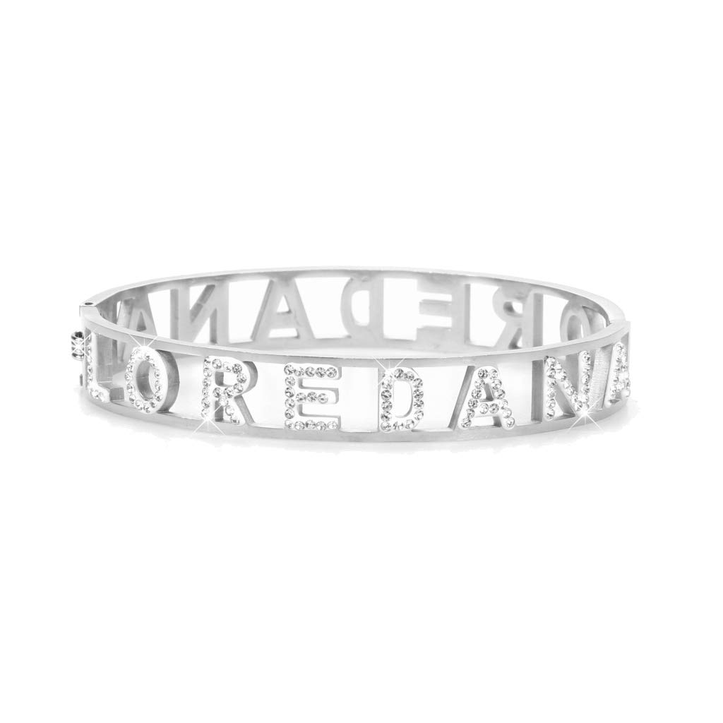 Flowers Bracciale Rigido Acciaio con Nome Vari e Zirconcini Sacchettino in tessuto Scritta nome ricoperta di strass Brillantissimi Bracciale a Manetta Donna Chiusura a molla Idea Regalo
