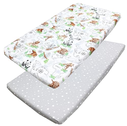 TupTam Baby Spannbettlaken Kinder Spannbetttuch für Babybett Kinderbett 2er Pack, Farbe: Kontinente Tiere Panda Hirsch Koala/Sterne Grau Weiß, Größe: 90 x 200 cm