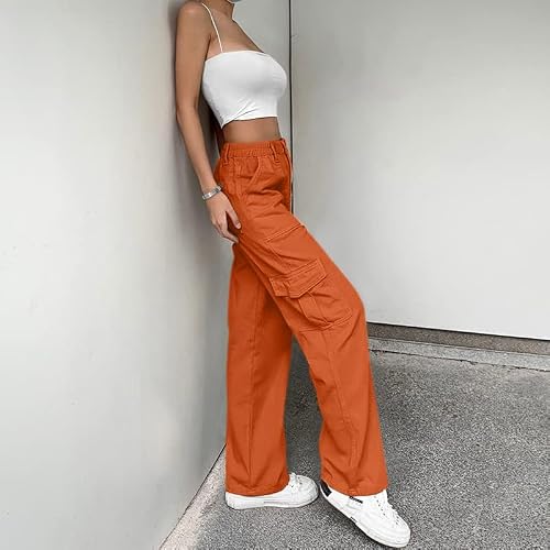 Lepunuo High Waist Stretch Cargo Pants Women Baggy Multiple Pockets Relaxed Fit Straight Wide Leg Y2K Pants Orange — view 6