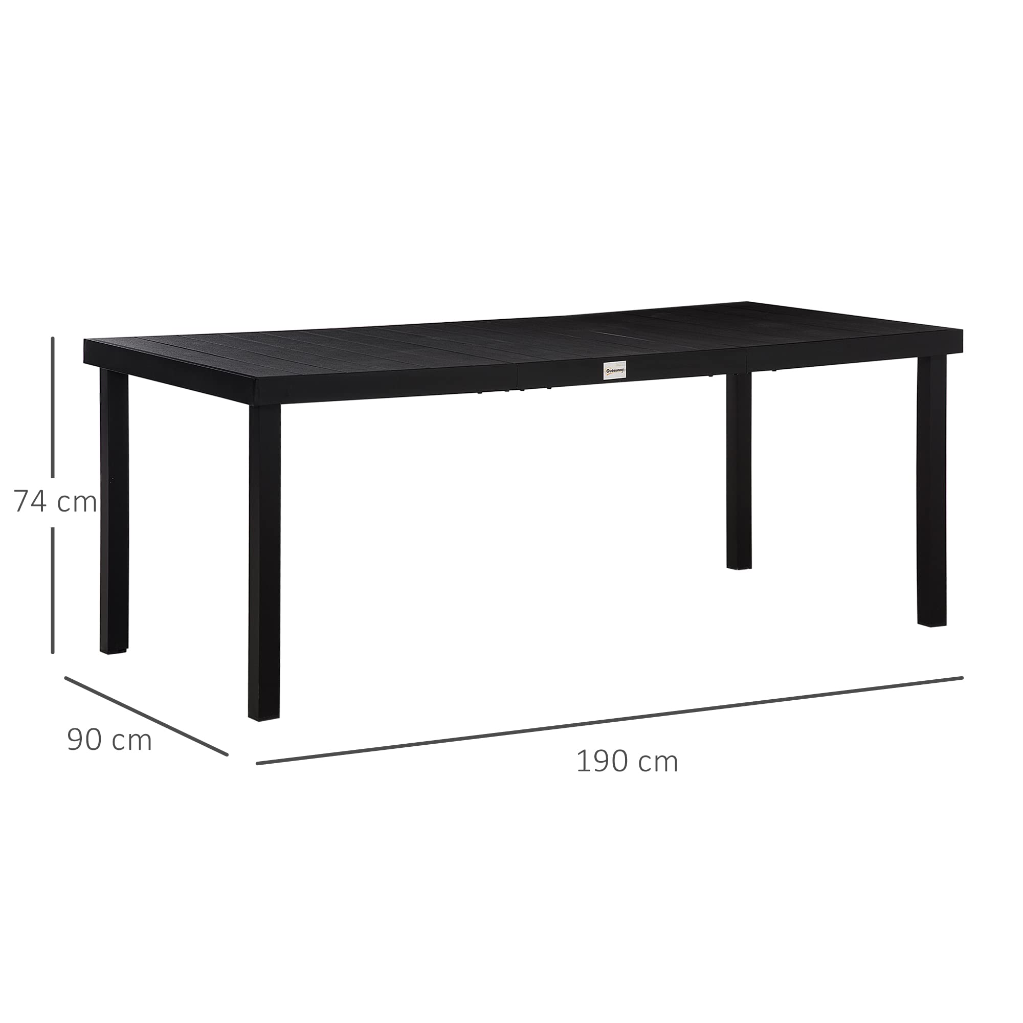 Outsunny stół ogrodowy aluminiowy odporny 190x90 cm 8-osobowy czarny | Stół bufetowy z wyglądem drewna, antypoślizgowy, campingowy, balkonowy, tarasowy, ogrodowy, do ogrodu, tarasu, balkonu