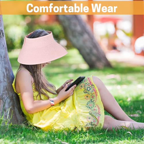 Kids Summer Roll Up Sun Visor Hat Wide Brim Straw Teens Beach Hat Cap Sun Hats with Bow for Girls 6