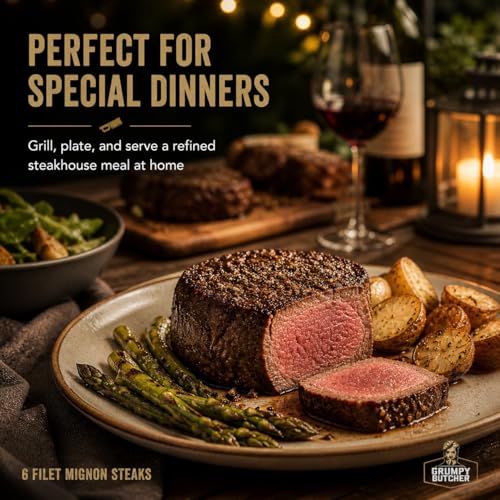 Image of Grumpy Butcher Large Filet Mignon Steaks, 6 Pack, 3 lb | 8 oz Each, USDA Top Choice, tender beef tenderloin, mild buttery flavor