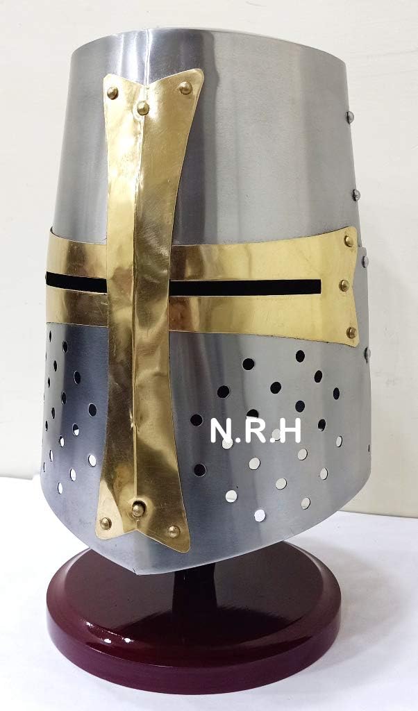 Brass Crusader Helmet Armor (Great Helm) with Wooden Stand Handmade Silver Halloween Helmet