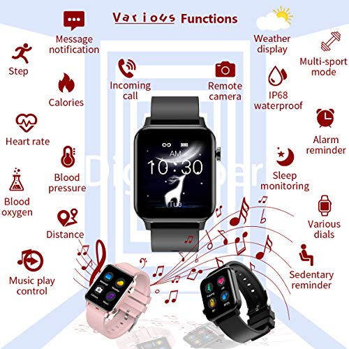 Smart Watch IP68 Waterproof 1.4 Inch Full Touch Fitness Trackers with Heart Rate Monitor Blood Oxygen Monitor Blood Pressure Monitor Notification Pedometer Sleep Monitor for Men Women (Black) - Thumbnail 2