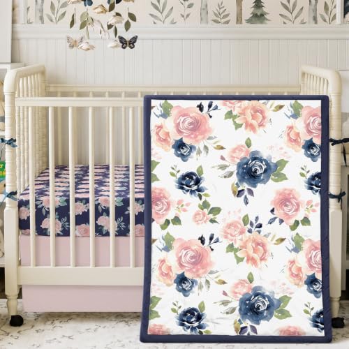 Image of Hahafelt 3 Pcs Navy and Pink Floral Crib Bedding Set for Girl | Includes Quilt, Fitted Sheet, Skirt, Soft for Infant Bed with Watercolor Flowers Print, Girl Nursery