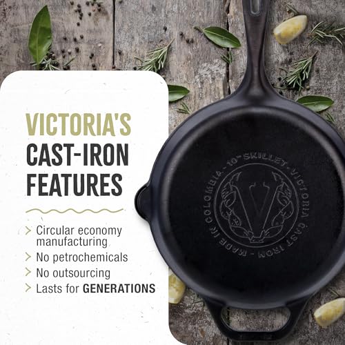 Image of Victoria 12-Inch Cast Iron Skillet Set with Tempered Glass Lid, Large Handle Cover, and Pan Scraper