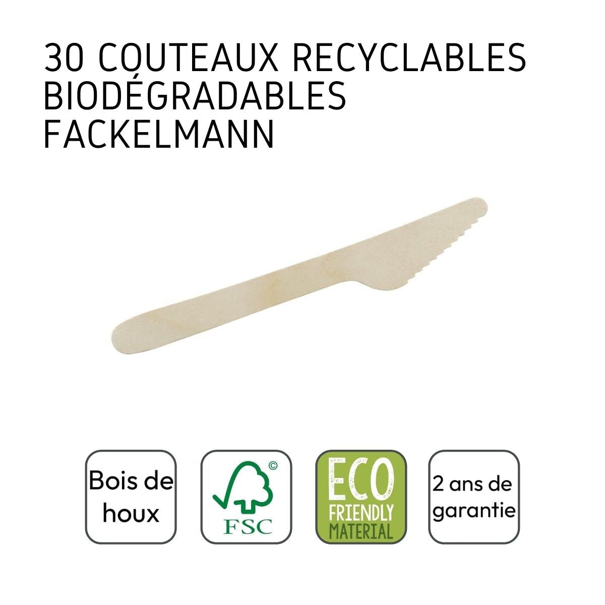 Fackelmann 31027 - Set di 30 coltelli monouso in legno FSC, coltelli monouso biodegradabili, legno certificato FSC, 16,5 x 2,5 cm