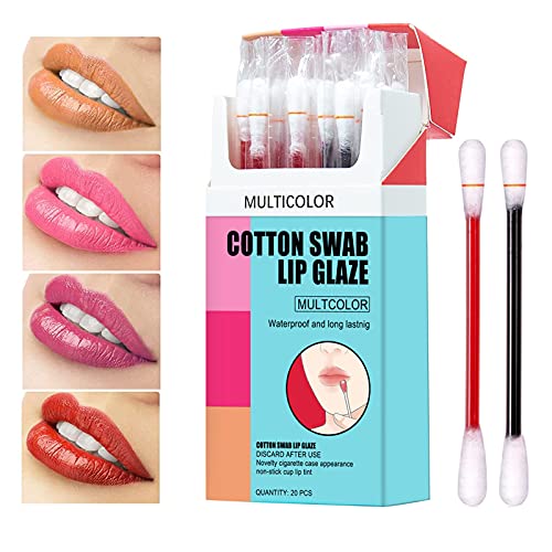 Miniling 20 Pieces/Box of Cotton Swab Lipstick，Fine Tattoo Lipstick，Durable Waterproof Non-Stick Lipstick，Cotton Swab Lip Tint Long Lasting Matte Lipstick Cotton Swab Easy to Carry Includes 4 Colors