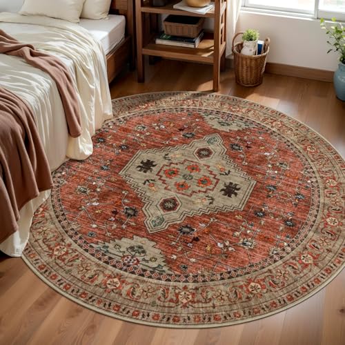 Image of Tangsoo Boho Round Rug 4ft, Washable Non Slip Small Circle Rug Terracotta