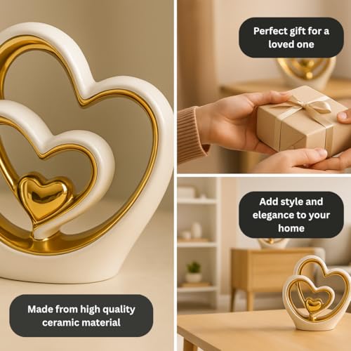 Gold Heart Ornament – Elegant Ceramic Couple Sculpture – White & Gold Tabletop Decor – Romantic Centerpiece for Living Room, Bedroom or Office – Anniversary or Valentine’s Gift - Image 5