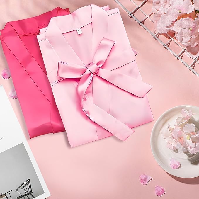 MALLOOM Lot de 7 Peignoir kimono pour fille Robe de Bain en Satin pour Enfant Avec ceinture Pour spa, mariage, fête (rose)