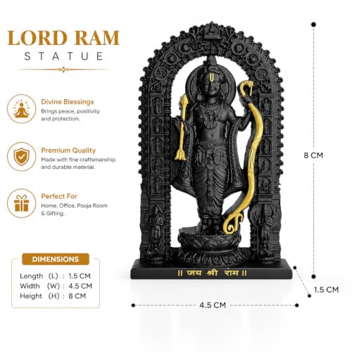 Image of Jai Shri Ram Idol Black Resin Statue with Gold Accents, Decorative Figurine for Home Temple, Car Dashboard, Office Desk and Spiritual Decor, Compact 3 x 2 Inch Religious Showpiece
