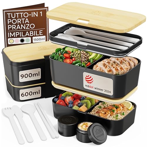 Umami Porta Pranzo Lunch Box Ermetico 4 Scomparti e Posate, Sicuro per Microonde, Lavastoviglie, Portapranzo Ufficio, Bento Lunchbox Prova di Perdite per Adulti, Pranzo, Nero Onice E Beige, 1500 ml
