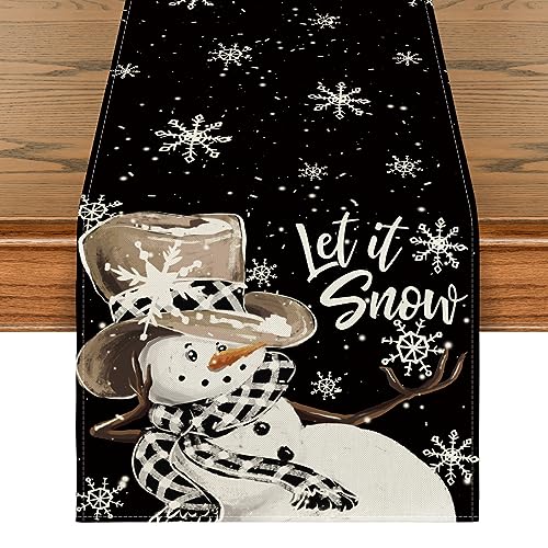 Image of Artoid Mode Black Snowman Snowflake Let it Snow Winter Table Runner, Christmas Kitchen Dining Table Decoration for Home Party Decor 13x72 Inch